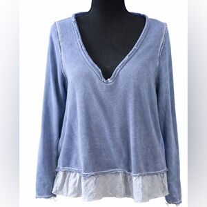 Free People We The Free Blue Thermal Top Raw Hem Peplum Boho Oversized Size M